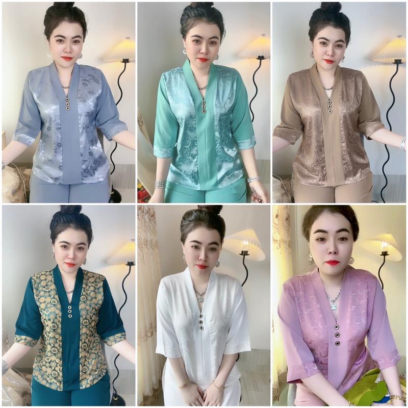 Bộ thiết kế trung niên cổ bài lai GẤM PHỐI LỤA, tay lỡ quần dài, bộ gồm áo và quần, thiết kế sang trọng cho chị em phụ nữ, món quà ý nghĩa tặng Mẹ tặng Bà.