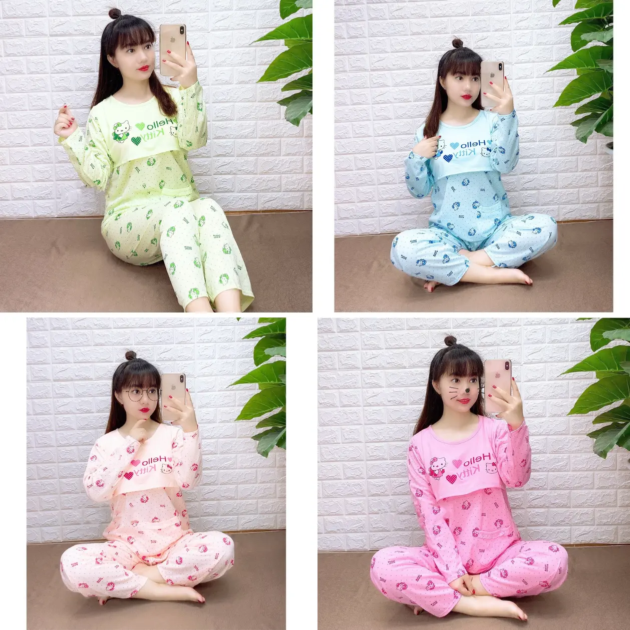 Bộ bầu và sau sinh DUNGDOOP Hello kitty dài tay , cổ tròn có vén lật hai bên cho con bú, đồ bầu mặc nhà cotton mềm MB004