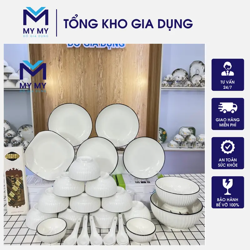 Bộ Bát Đĩa Trắng Sọc Viền Đen 21 Chi Tiết , 10 Đôi Đũa Khảm vàng Và 10 thìa sứ trắng 0