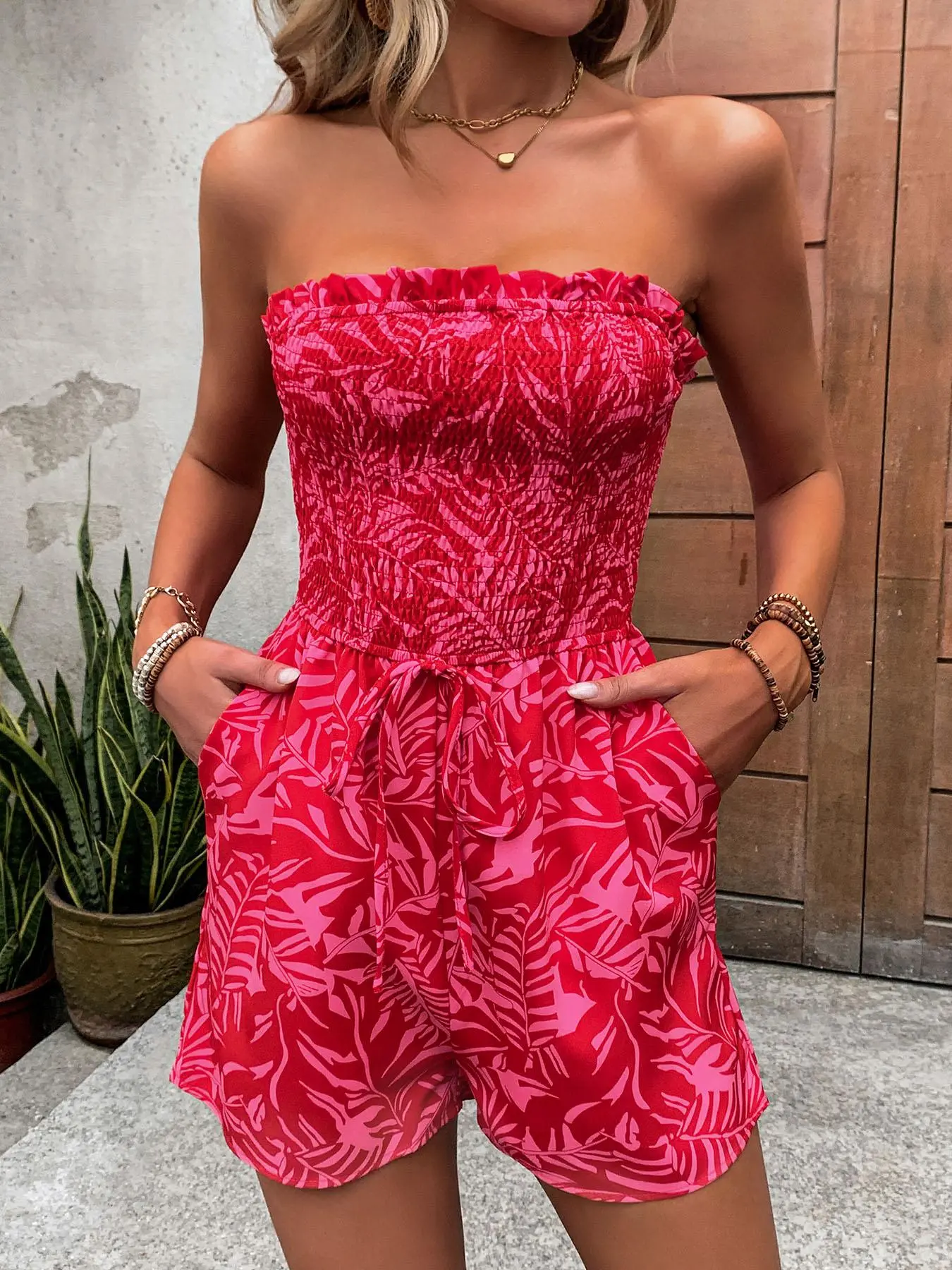 Women's Floral Print Frill Trim Shirred Tube Romper, Playsuits for Women, Boho Knot Detail Pocket Sleeveless Romper, Trim Romper, Lady Clothes for Beach Holiday Vacation