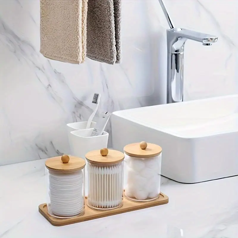 Cotton Swab Storage Bottles with Wooden Lid, Toothpick Storage Bottle with Tray, Bathroom Containers Dispenser, Floss Organizer Canisters 2