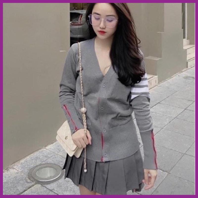 Áo Khoác Cardigan Nam Nữ Chất Len Xám Kẻ Sọc Viền Đỏ & Xanh dễ thương