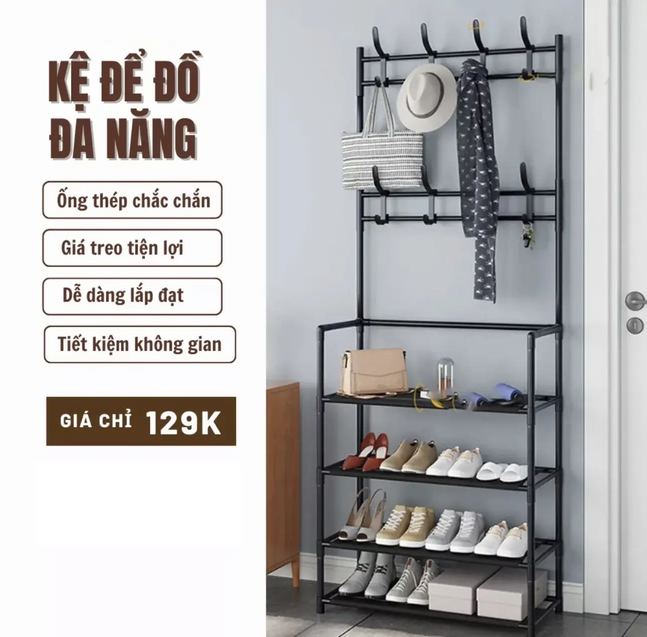 (Loại 1)Kệ để giày dép Loại Ống To, thiết kế treo đồ đa năng lắp ghép 4-5 tầng tặng kèm 8 móc treo, chất liệu thép chịu lực tốt Kitchen Lắp Ráp keg i