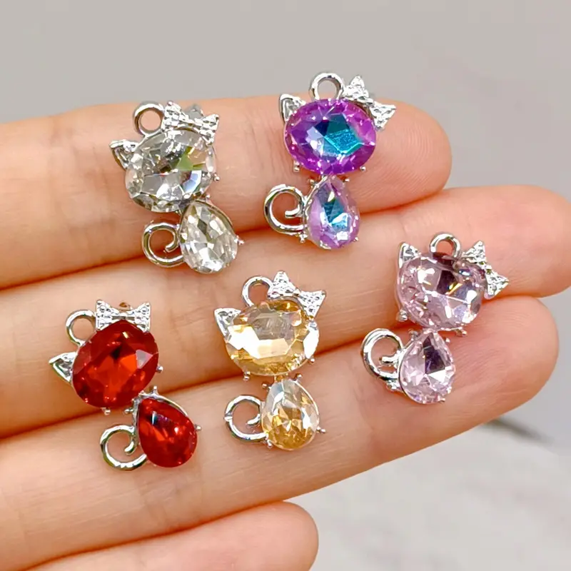 Diy Ornament Accessories Inlaid Zircon Glass Kitten-Shaped Gold-Plated Pendant Earrings Necklace Headdress Bracelet Material Wholesale