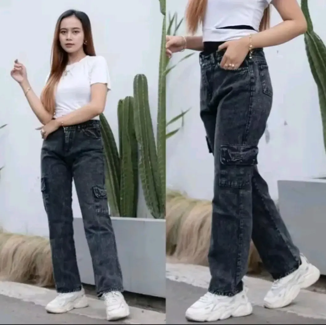Celana Jeans Wanita - Highwaist Cargo Jeans Wanita - Celana Jeans Kargo Kantong Samping Premium Buatan tangan Panjang