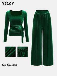YOZY Women's Solid Color Velvet Top & Wide Leg Pants Two-piece Set, Casual Fashion Cozy Top & Trousers for Daily Outdoor Wear, Women's Clothing for Fall & Winter