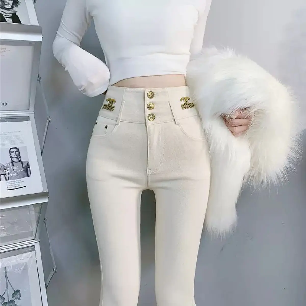 Quần Legging Mặc Bên Ngoài Co Giãn, Màu Trắng Kem, Cạp Cao Cho Nữ, Thích Hợp Cho Mùa Xuân, Mùa Thu Và Mùa Đông, Hàng Mới Về Năm 2024, Ôm Sát, Quần Bút Chì Mỏng