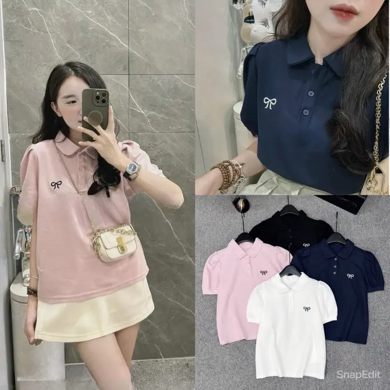 Áo thun cộc cổ sen thêu nơ vai bồng 5 màu siêu Hot_334