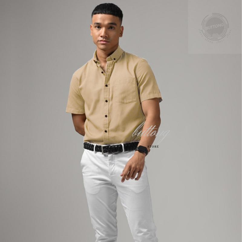 Kemeja Polos Lengan Pendek warna Coklat moca cream  Baju Dewasa Casual Pria 3