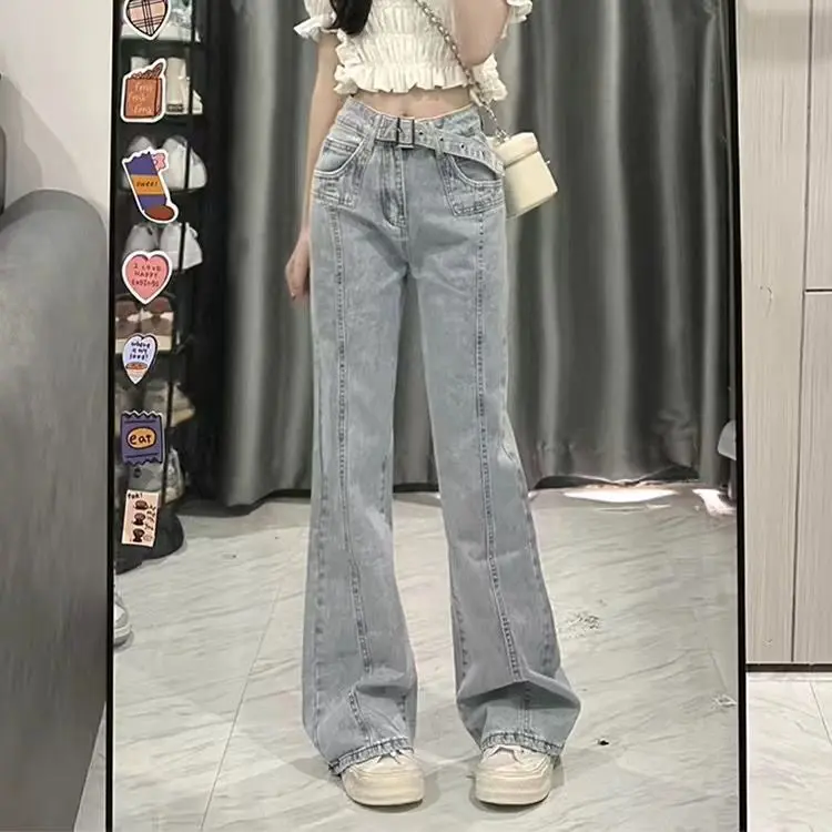 Quần Jean Ống Loe Siêu Ống Loe, Cạp Cao, Dành Cho Mùa Hè Của Phụ Nữ, Phong Cách Instagram, Cổ Điển Mới, Quần Ống Rộng, Quần Đường Phố Cao Cấp, Màu Sáng Women Pants