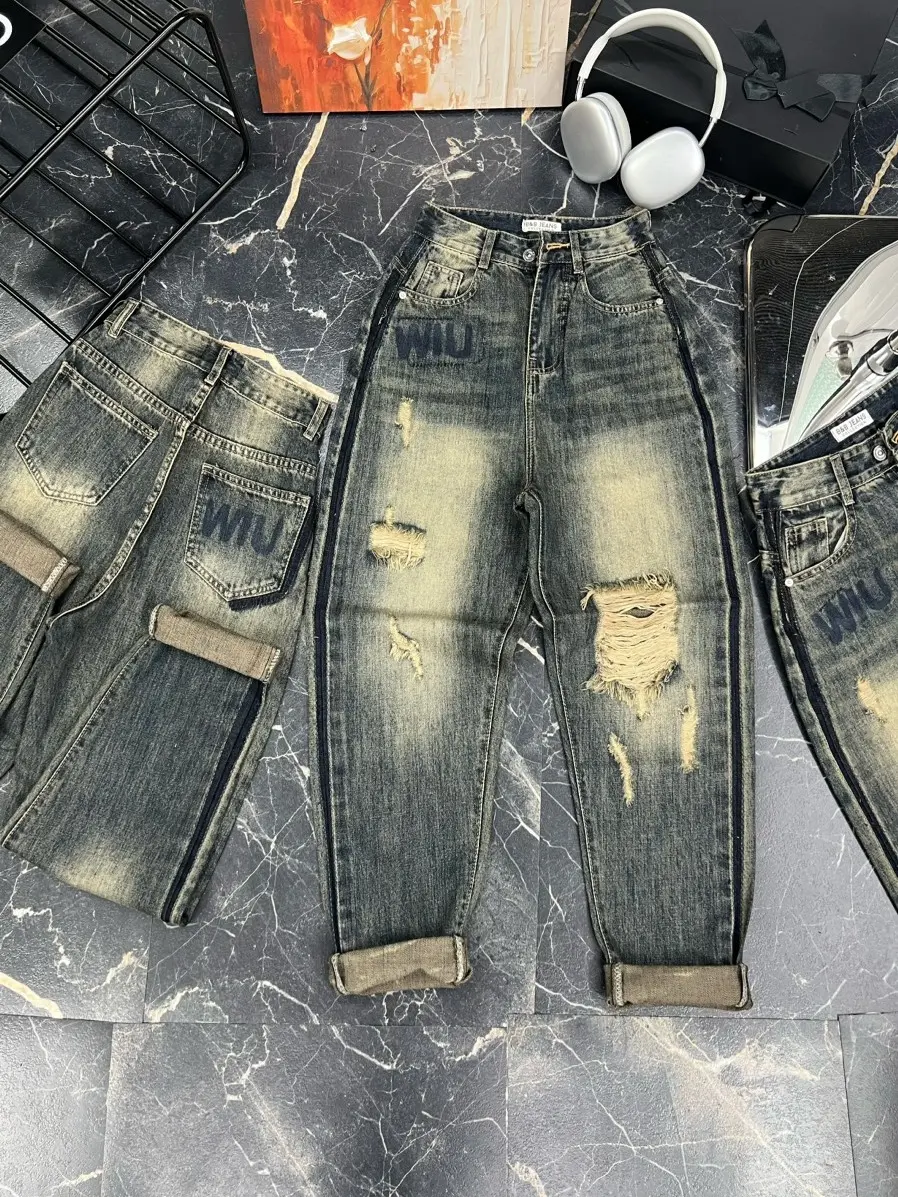 [LSN]Quần Jean Baggy Nữ Rách Bụi Phối Viền Hai Bên Xuống Phố 165 - 166 - 167