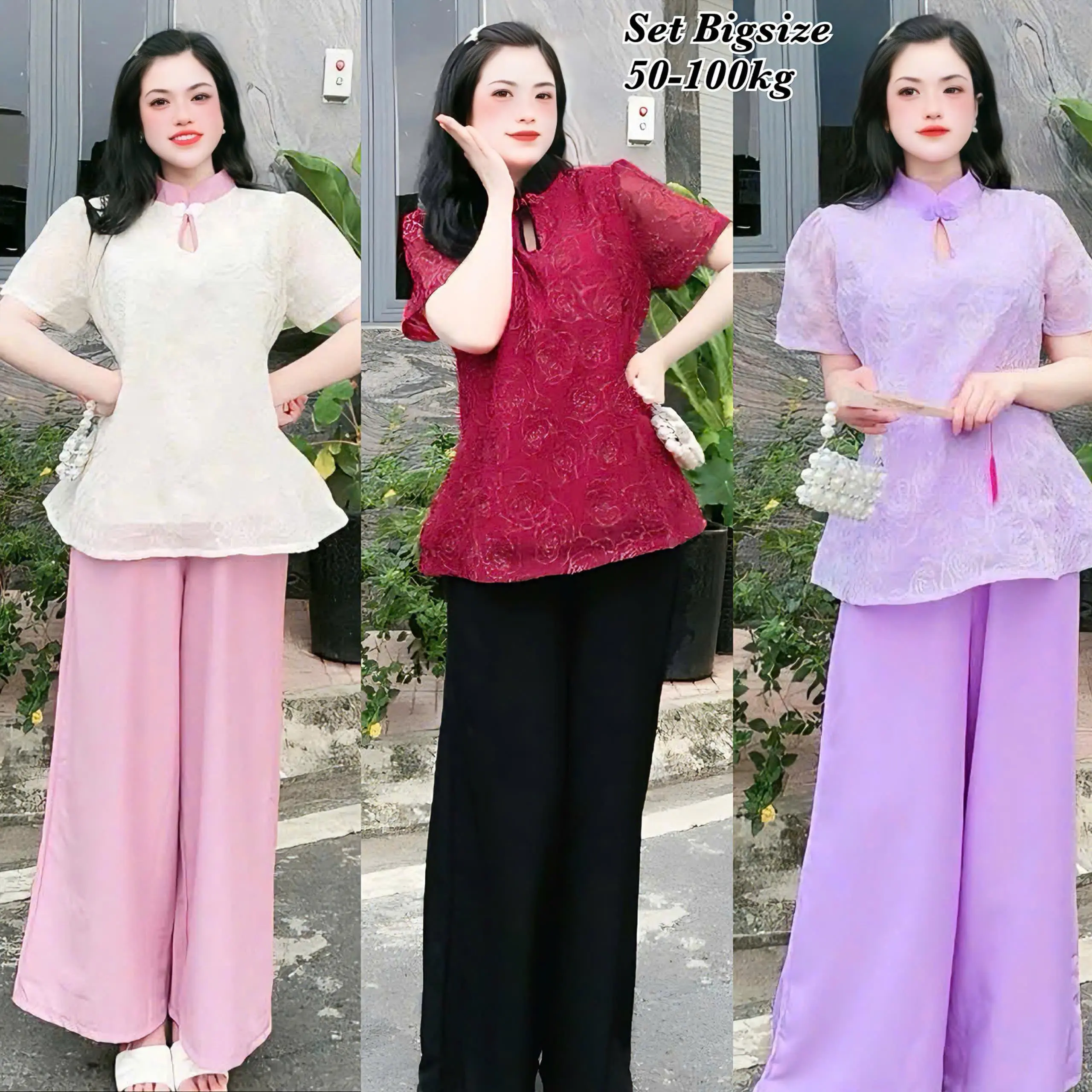 Set Đồ Nữ Bigsize Đón Tết Cách Tân Cổ Tàu Thêu Kim Tuyến Hoa Hồng, Đi Lễ Chùa Áo Hoa Nổi Chỉ 2 Lớp Kèm Quần Dài 50-95kg