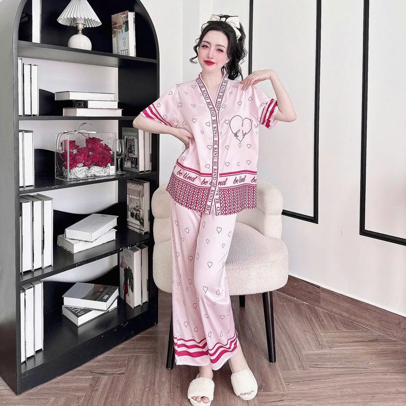 Bộ đồ ngủ nữ pyjama cổ y chất lụa latin cao cấp tay ngắn quần dài họa tiết mới 7