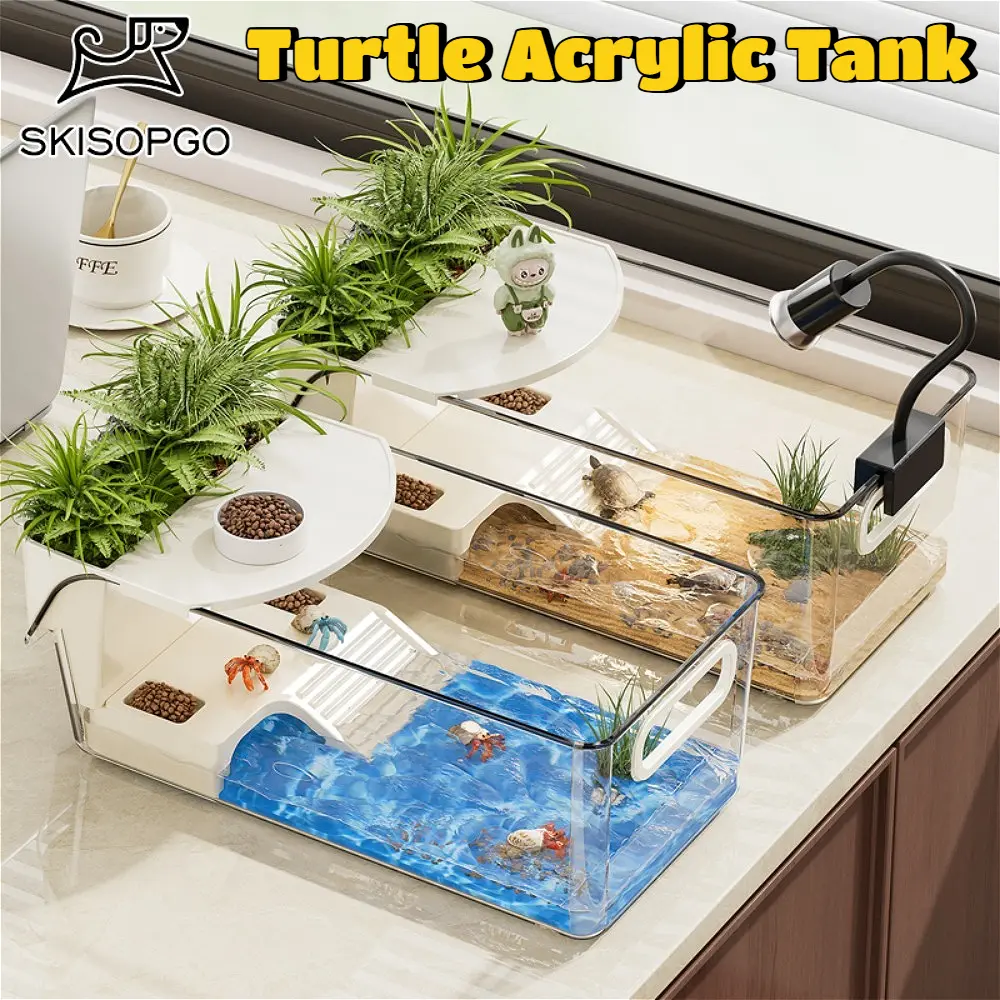 SKISOPGO Turtle Aquarium Acrylic Turtle Habitat Tank with Basking ...