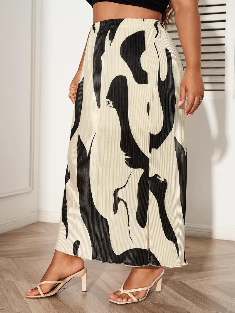Product Introduction of CURVZY Plus Size Abstarct Print Elastic Waist Pleated Skirt, Casual High Waist Long Skirt for Summer, Women's Bottoms for Daily Wear 14