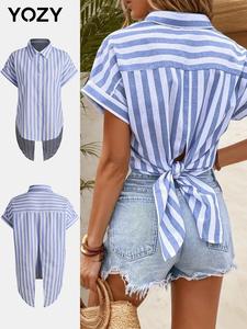 YOZY Striped Print Asymmetrical Hem Button Front Shirt, Casual Short Sleeve Collared Top, 2024 Fashion Women's All Seasons Outfits for Daily Wear