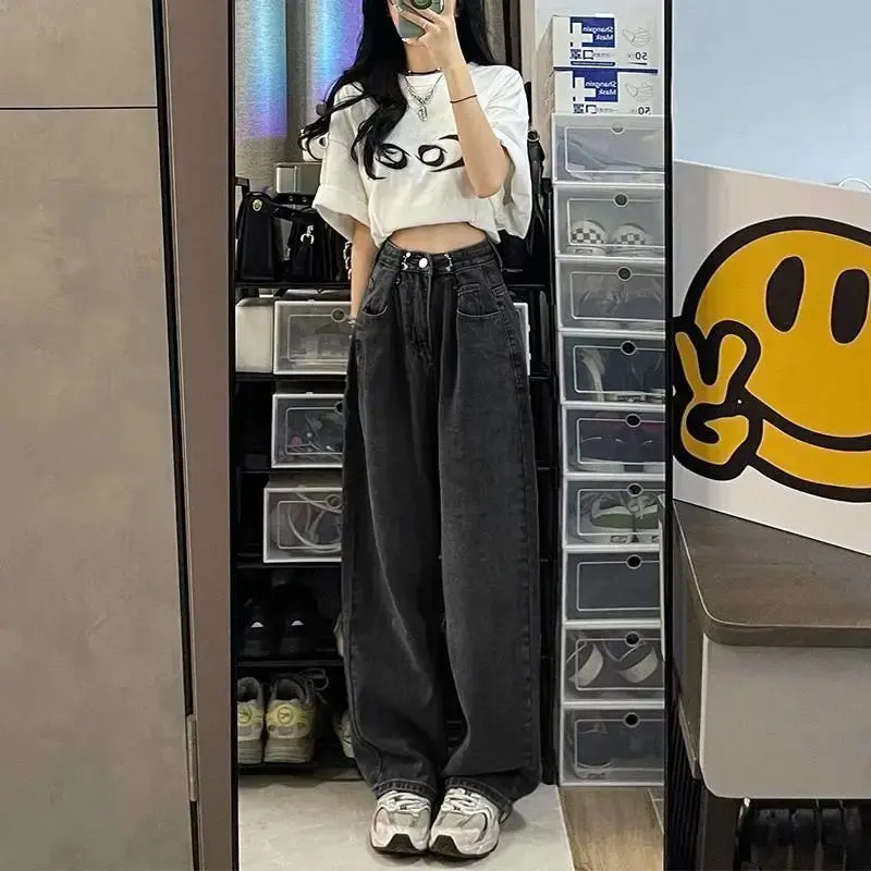 American Retro Wide-Leg Jeans for Women New Spring and Autumn High-Waisted Slimming Loose Straight Floor-Length Pants Ins Trend