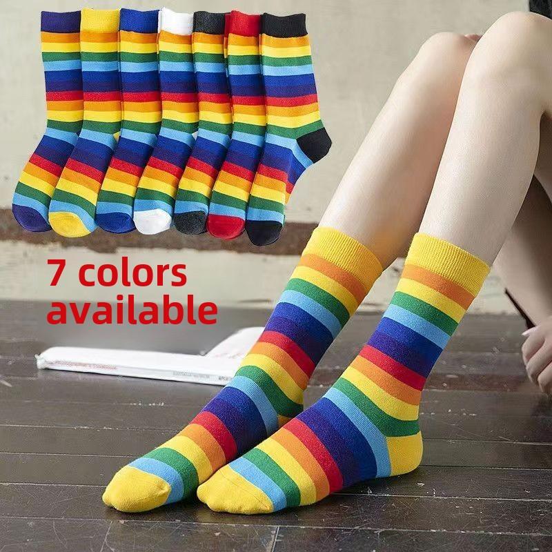 Tất Dài Giữa Bắp Chân, Phong Cách Hàn Quốc, Thiết Kế Sọc Chặn Màu Cầu Vồng, Chất Liệu Bông, Dành Cho Nữ, Phong Cách Đường Phố 0