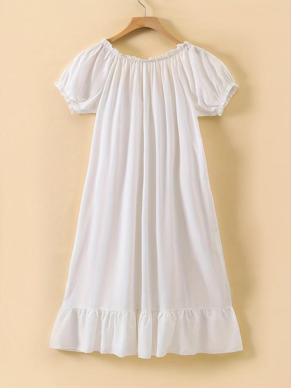 Women's Solid Ruffle Hem Tie Front Nightdress, Puff Sleeve Round Neck Nightgown, Fashion Soft Comfy Sleepwear Pajama for All Seasons 1