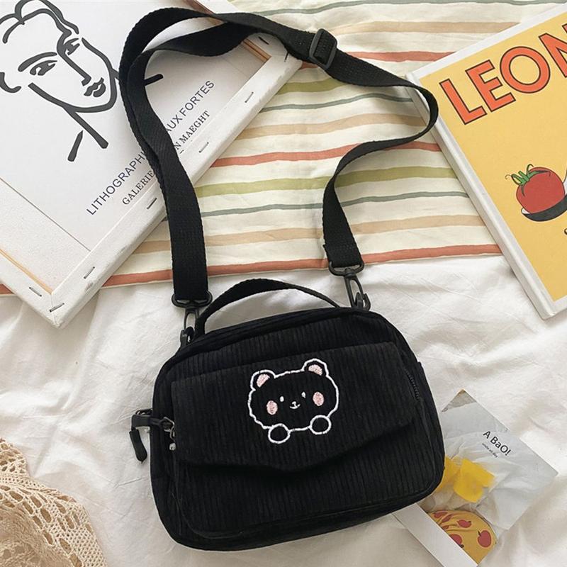 Product Introduction of Túi Xách Vải Nhung Kẻ, In Hình Gấu Hoạt Hình, Thời Trang, Thích Hợp Cho Học Sinh, Totes, Túi Đeo Vai, túi Messenger 15