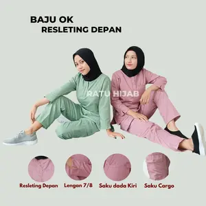 [RatuHijabCilacap] Baju Ok Oka Resleting Depan Setelan Wanita Lengan 7/8 Celana Panjang Baju Nakes Pakaian Kerja Perawat BahanToyobo one set wanita