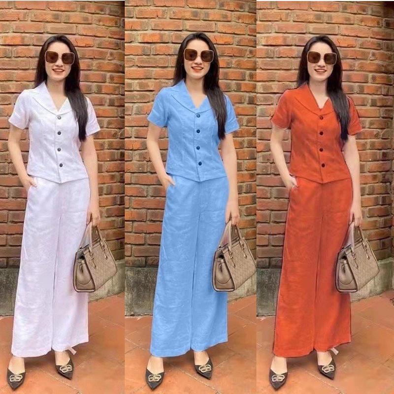 Bộ Đũi Nữ Chất Liệu Đũi Tơ Mềm Mại Cổ Vest Kiểu Giáng Thanh Lịch  Women Áo Top