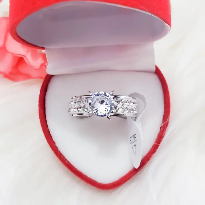 Cincin Titanium Anti Alergi Mata Satu 2 baris Plus Kotak Cincin Bentuk Love 3