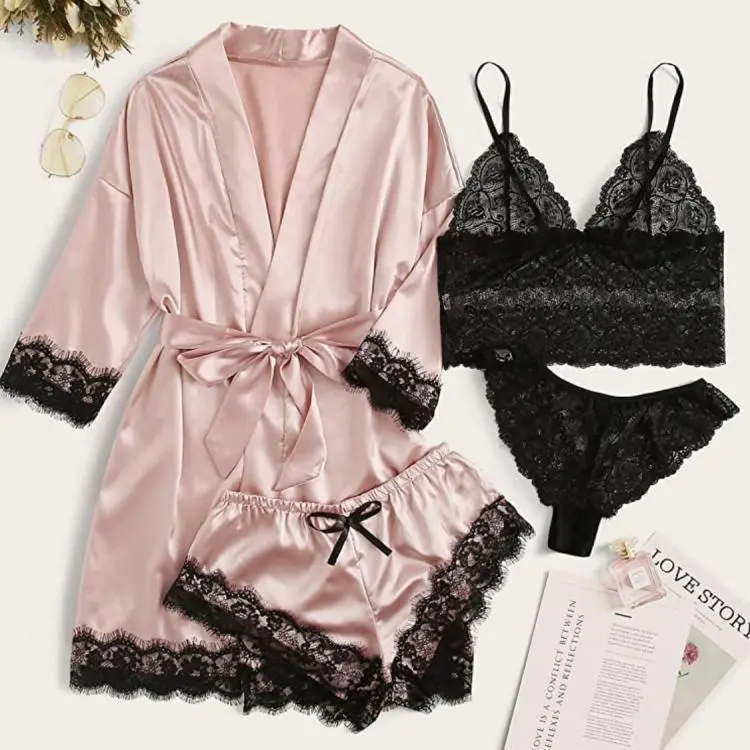 Sexy Lingerie Four-Piece Set Plus Size Sleepwear Set Lace Sexy Strap Satin Women's Temptation