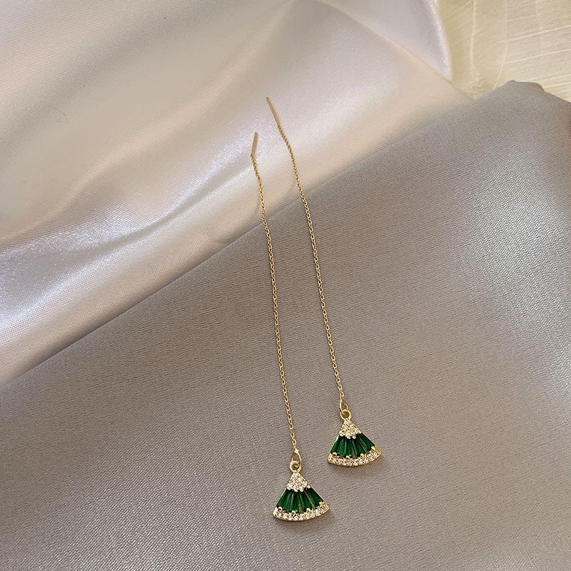 Product Introduction of Sterling Silver Needle Emerald Fan-Shaped Hanging Earrings Women's Asymmetric Earrings Temperament Korean Earrings Micro-Inlaid Craft Palace Style 3