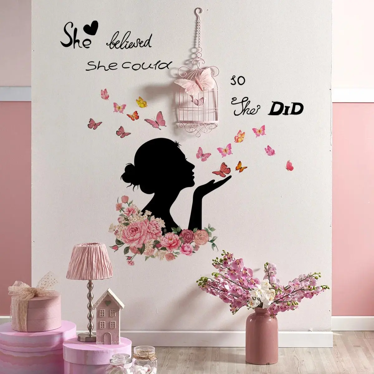Girl Butterfly Inspirational Phrases Wall Stickers Room Decoration Wall Stickers Self Adhesive Flower Wall Stickers