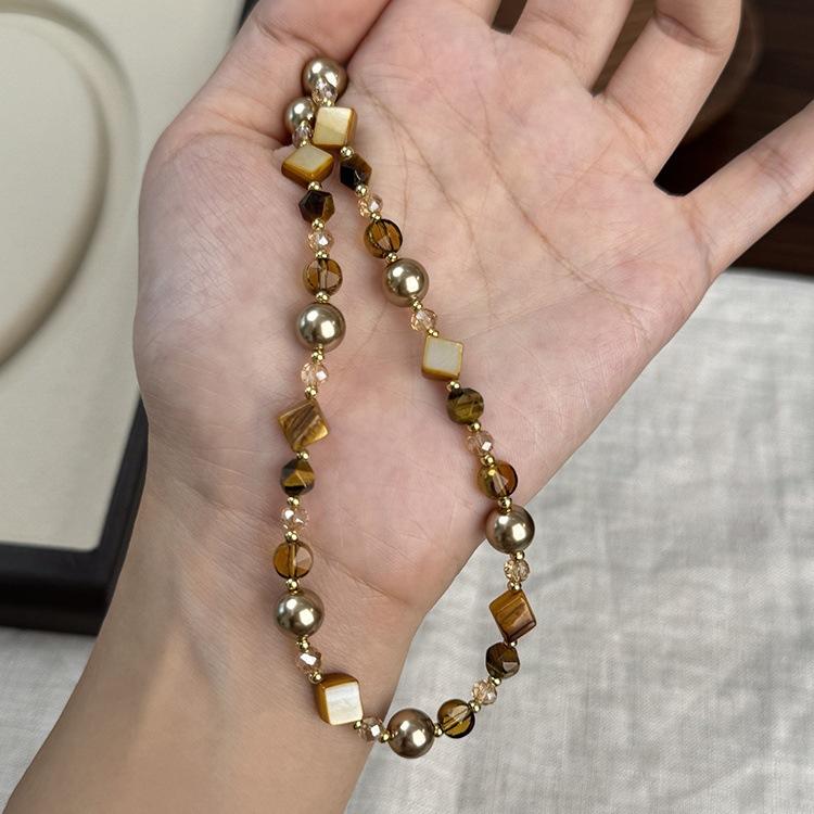 gelang baliGelang Bali Fashionable Autumn and Winter Maillard Tigereye Dicksoniaceae Irregular Beaded Necklace Temperament Entry Lux Simple Sweater Chain Necklace Setnecklace set 3