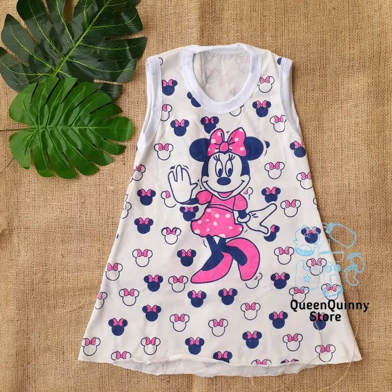 2 pcs Daster Anak Bayi Perempuan Baju Tidur Balita Cewek Kaos Kutung Usia 6 Bulan Sampai 3 Tahun Motif Kekinian Lucu Karakter Warna Warni Lengan Pendek Model Singlet Bahan Kaos Tebal Kain Melar Jahitan Full Obras Leher Kerah U Neck Panjang Dress Selutut 2