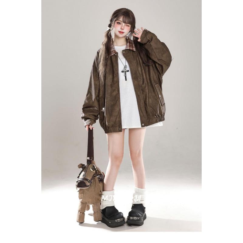 Product Introduction of American Retro Spliced plaid Lapel Jacket For Women In Autumn New Loose Bf Trendy Brand Baseball Uniform Pu Leather Jacket 15