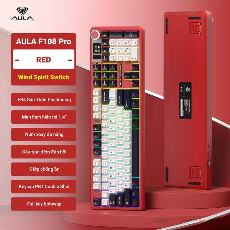 [AULA F108 Pro]Bàn phím cơ AULA F108Pro 3 mode kết nối - Phiên bản nâng cấp full size có núm xoay và màn hình 1.4 in - Pin 8000 mAh - Gasket Structure - Full key hotswapable - Phần mềm tùy chỉnh macro - Bảo hành 12T