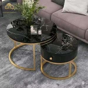 RJP FURNITURE Meja Industrial Besi Kayu Minimalis Sudut Ruang Tamu Modern Estetik - Cosmo Versi 2 - Golden White Marble