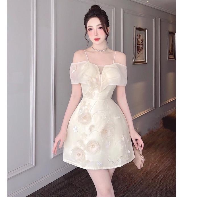  Váy hai dây trễ vai thiết kết đính kết hai màu kem và hồng Nữ Women Dress Tre 