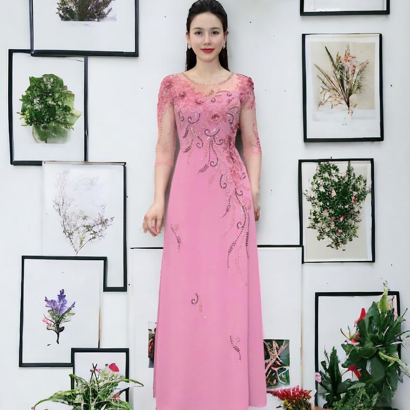 Áo dài dạ hội trung niên cao cấp mã AD86 Nữ Women a odai aodai mau jador dress ❧ ✪m☆ ♡ đỏ sang vàng 3