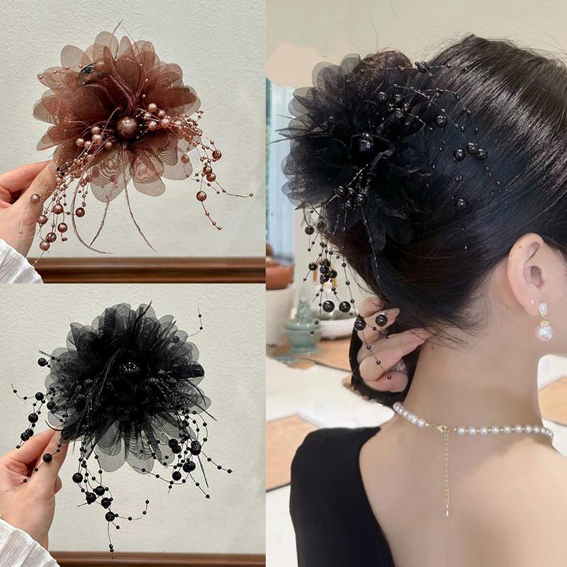 Product Introduction of Fashion Black Mesh Flower Hair Clip Women Shark Ponytail Clip Headdress Temperament Flower Hair Claw Headwear 11