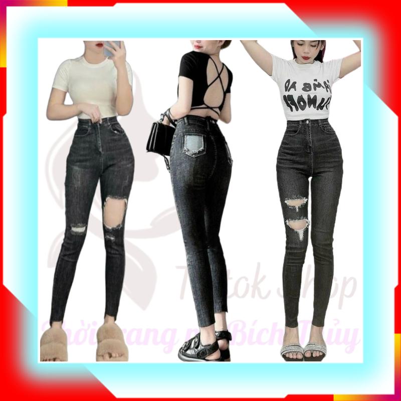 Quần jean nữ xám rách, Quần bò nữ kiểu lưng cao dáng ôm màu xám hàng Quảng Châu cao cấp Women Pants