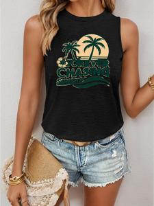 ImprinTee Women's Coconut Tree & Letter Print Tank Top, Casual Round Neck Sleeveless Top, Ladies Clothes for Daily Wear