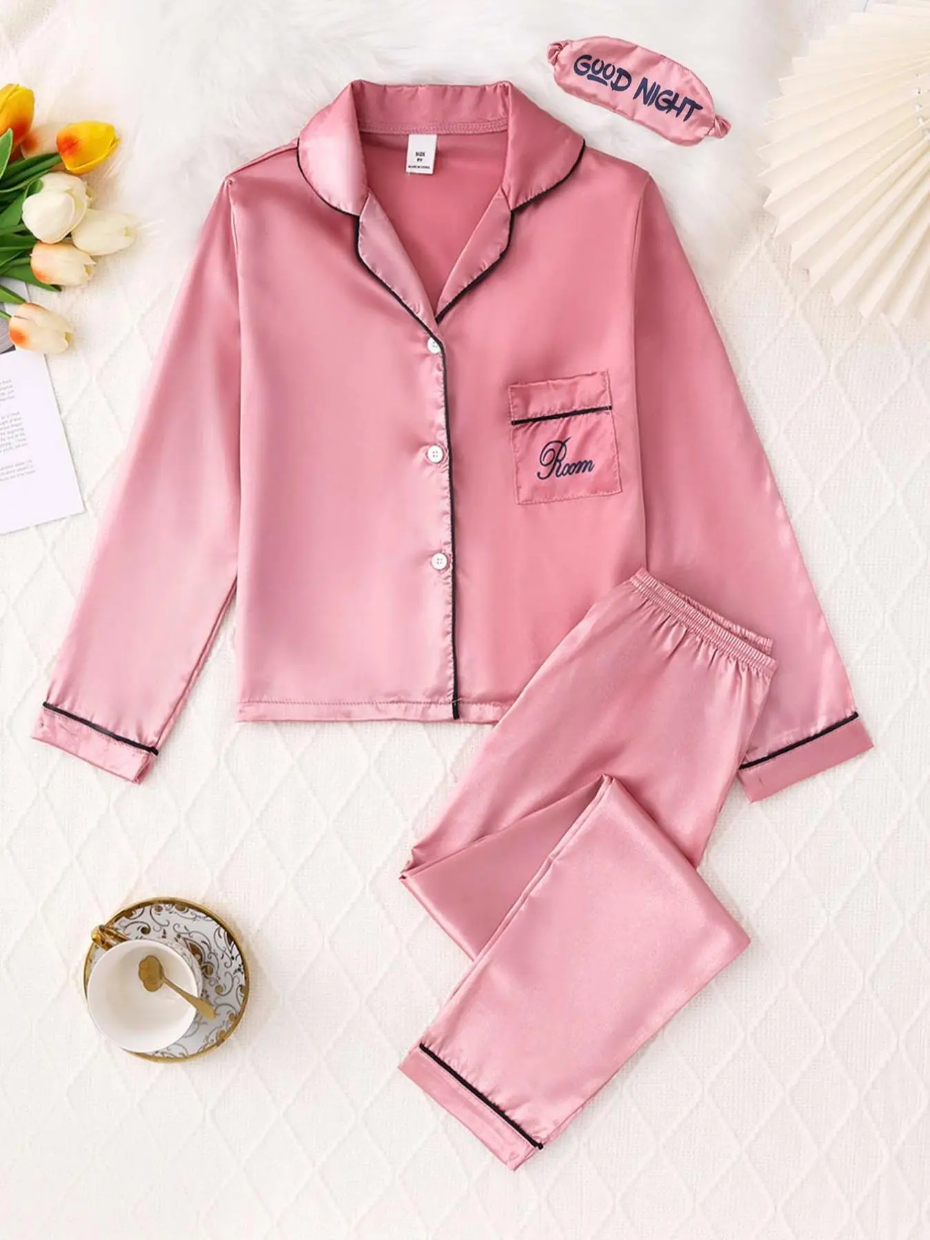 Girl's Letter Print Pocket Button Front Blouse & Contrast Binding Pants & Eye Mask Pajama Set, Casual Satin Loungewear Set for Girls Daily Home Wear, Ladies Pyjamas