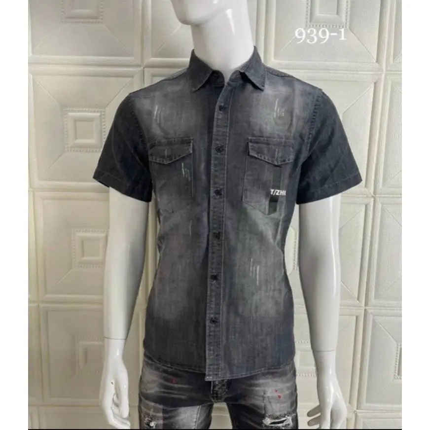 Men's short-sleeve denim shirt with pocket pattern, trendy shop style