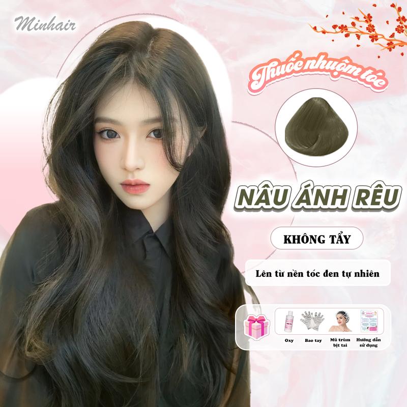Thuốc nhuộm tóc Nâu Ánh Rêu không cần tẩy, tặng kèm oxy trợ dưỡng và bao tay, bịt tai, trùm đầu Nữ Đổi Màu Tóc Women
