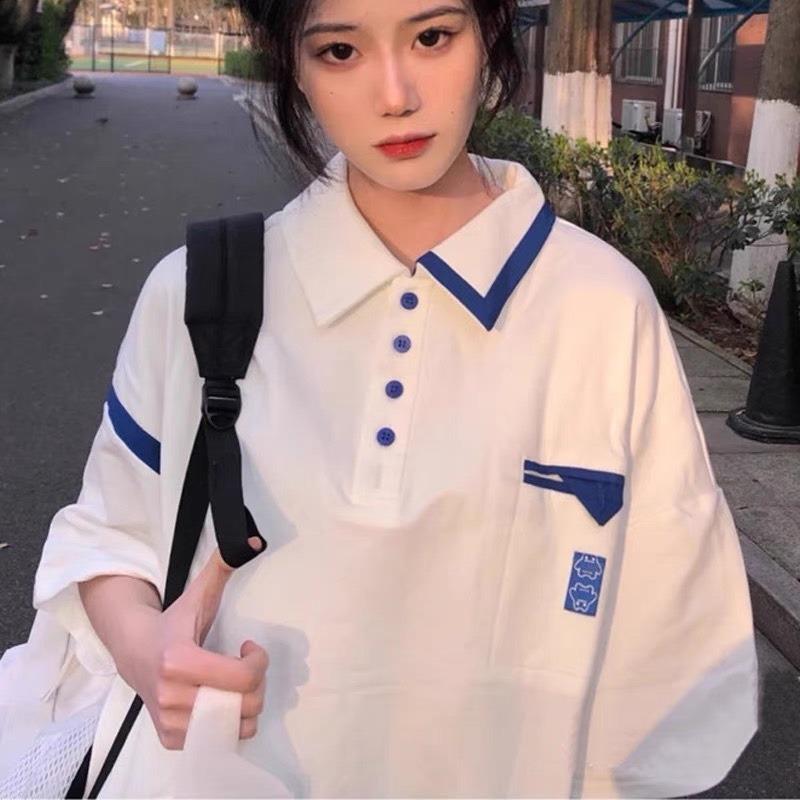 ÁO THUN TAY LỠ FORM RỘNG CỔ POLO NÚT XANH MS Top Nữ Women