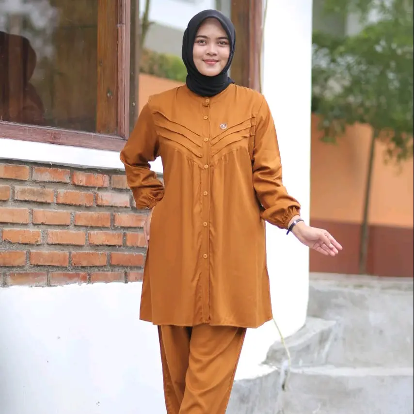 setelan celana opnesel twill Polos Kancing Wanita