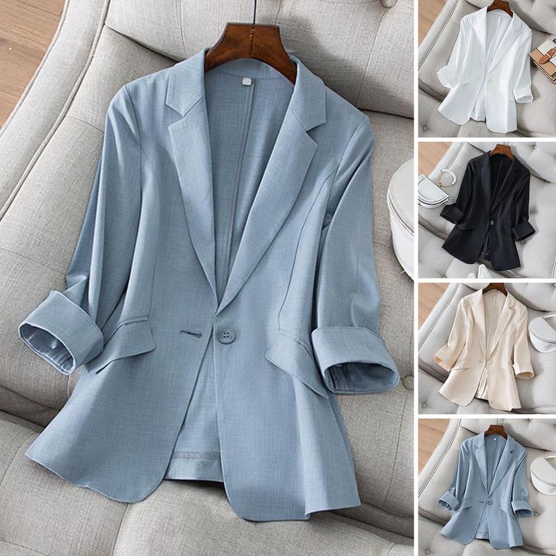 Áo Khoác Vest, Dành Cho Nữ, Màu Trơn Thẳng, Chống Nhăn, Ve Áo, Cổ Áo Có Mỏ Vịt, Áo Cardigan Một Hàng Cúc, Tay Áo Ba Phần Tư, Phong Cách OL, Thích Hợp Cho Chuyến Đi Công Tác Trang Trọng, Áo Khoác Nữ 0