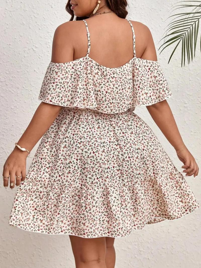 Product Introduction of 【Plus Size】 Ditsy Floral Print Cold Shoulder Dress, Boho Fashion Casual Dress for Daily Holiday Vacation Wear, Women Plus Clothing for Summer, Womenswear 8