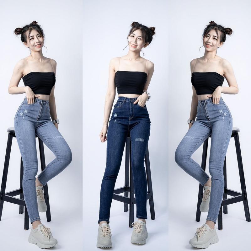 Quần Jean Nữ Lưng Cao Rách Nhẹ JUBE Vol.4, Quần Bò Nữ Skinny Lai Cuốn Phom Dài Vải Jean Co Giãn Hack Dáng, BST Signature Jeans Denim