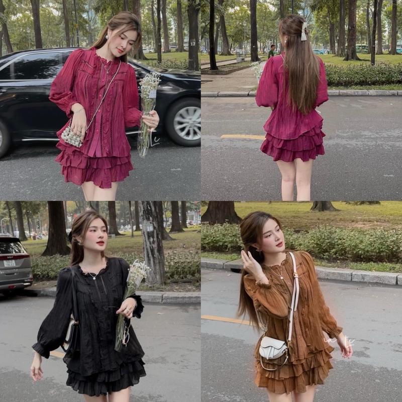 SET BỘ BIGSIZE 45-90KG BABYDOLL TAY PHỒNG CÀI NÚT PHỐI REN, QUẦN GIẢ CHÂN VÁY (CHẤT TƠ LỤA MỀM MỊN) CÓ THỂ GIẶT MÁY Nữ Nhung Voi Women Áo