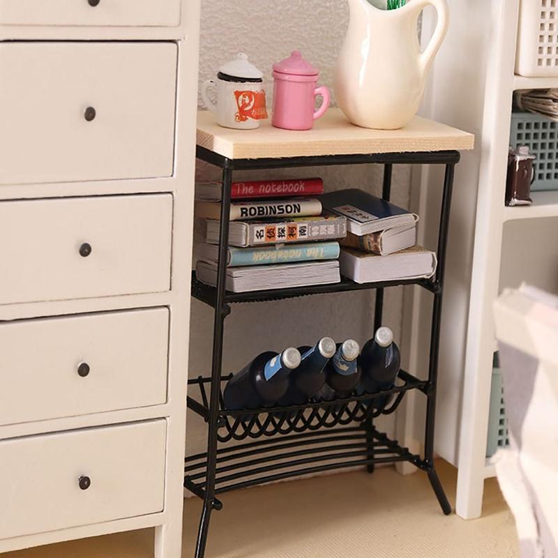 Photo Props Wood Metal Stand Scene Model Doll House Bookrack Miniature Furniture Kitchen Display Rack Dollhouse Wrought Shelf 7